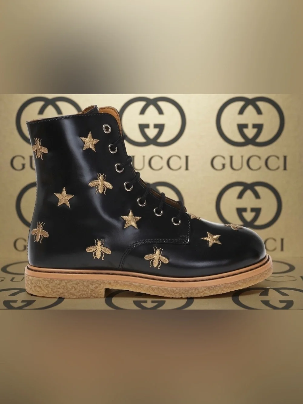 Authentic Gucci luxury designer embroidered lace up leather boots sz 12 kids